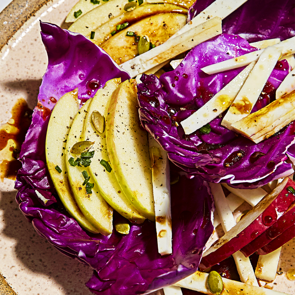 Celery Root, Apple, and Cabbage Salad with Pomegranate Molasses Dressing